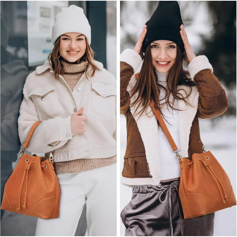 Leather Bucket Bag Women Drawstring Crossbody Shoulder Handbag Vintage Stylish